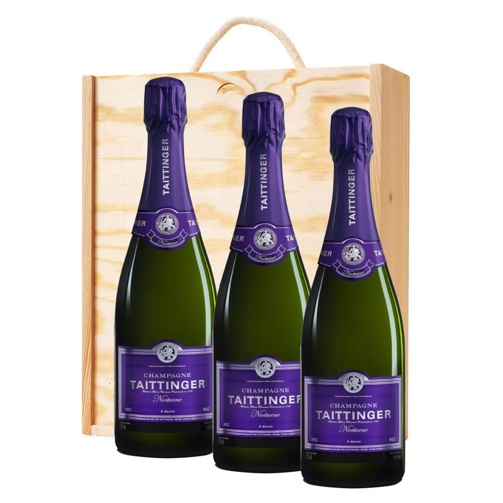 3 x Taittinger Nocturne Champagne 75cl In A Pine Wooden Gift Box